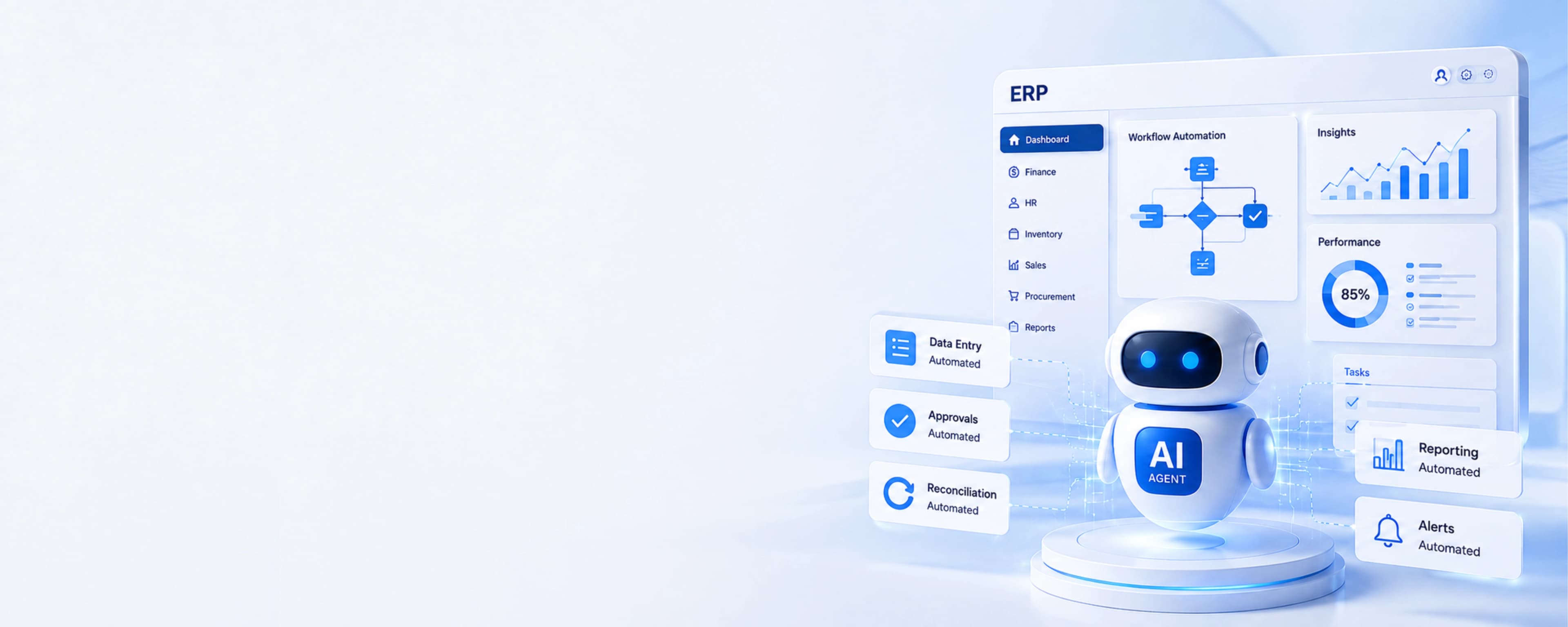 AI agent robot with ERP dashboard showing workflow automation, insights, and performance metrics